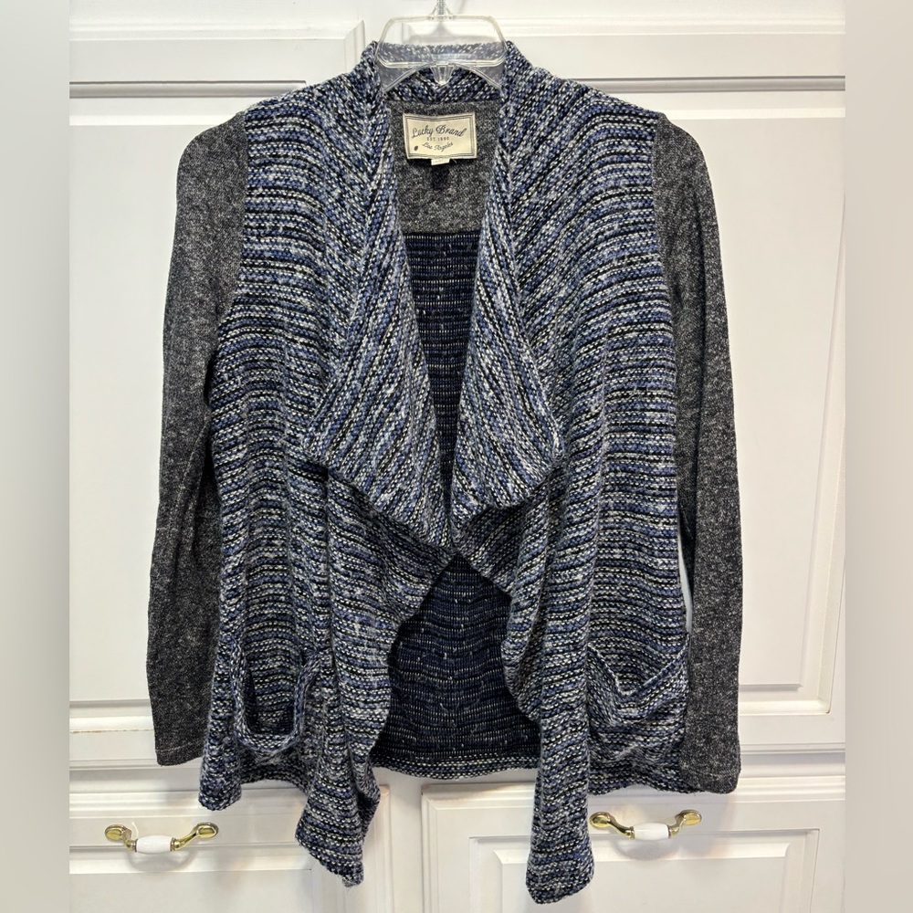 Lucky Brand Wool Blend Waterfall Draped Gray Blue Cardigan Women's Size M